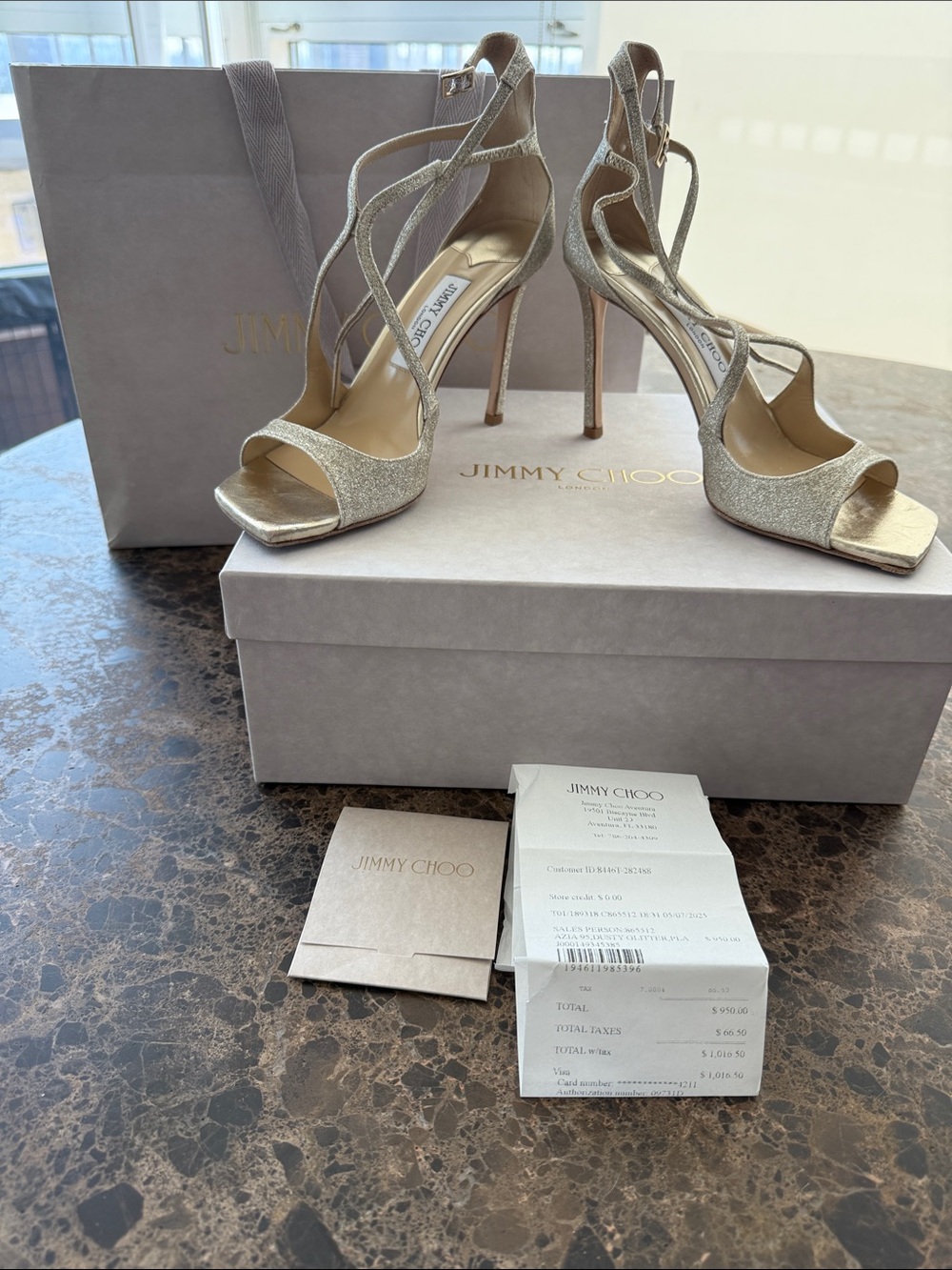 Jimmy Choo Glitter Gold Strappy Stiletto Sandals